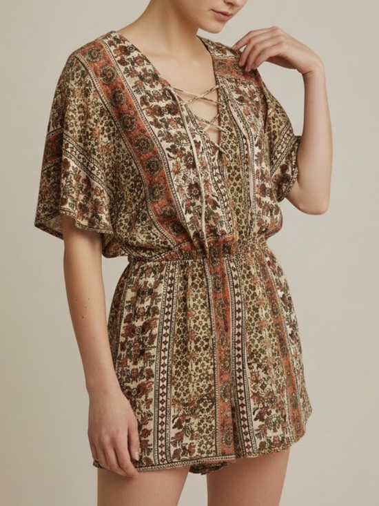 Pink Rose Pants - Pink Rose, Earthy Floral Boho Lace up V-Neck‎ Romper. Size Large